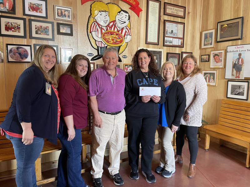 Sussex Consortium check presentation attendees shown are (l-r) Christina Strunk and Stacey Jones, SC job coaches; Nick Caggiano, Nicola Pizza vice president; Pam Graves, SC vocational coordinator; Kelly Munyan Small, Nicola Pizza general manager; and Karen Phillips, SC job coach. SUBMITTED PHOTO